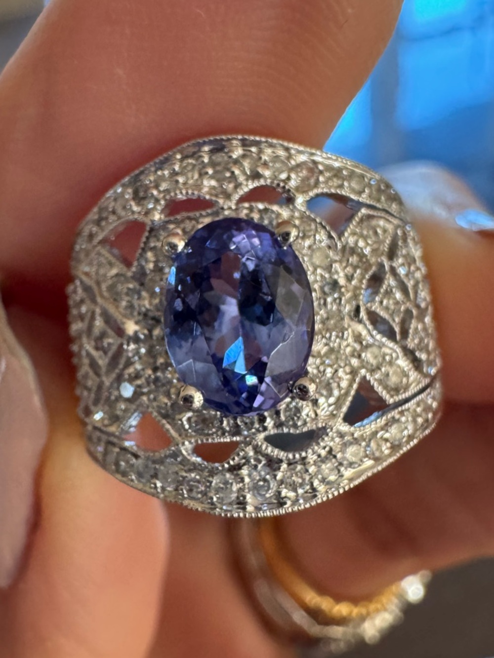 Stunning Estate 14K White Gold Natural Tanzanite Diamond Ring Size 7 6.7g